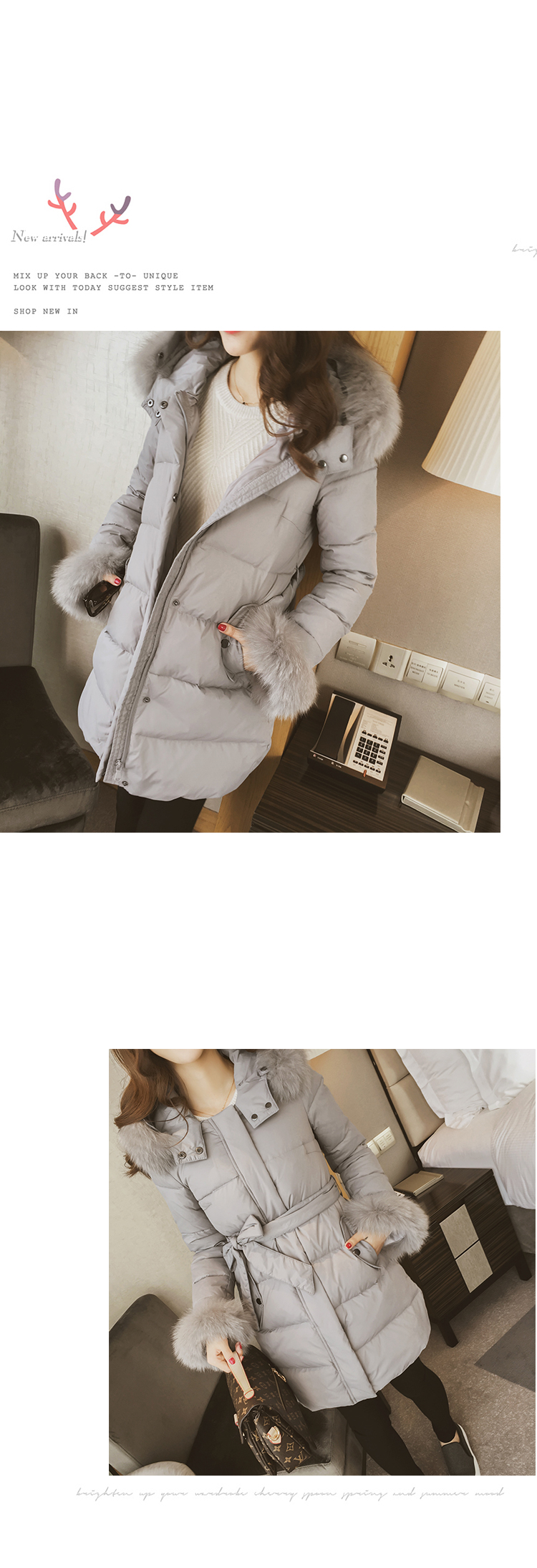 เสื้อโค้ทกันหนาว ตัวยาว ประดับเฟอร์ ที่คอฮู้ดและปลายแขน ผ้าร่มเนื้อดีกันลม กระดุม+ซิปหน้า เกาหลีมากๆ