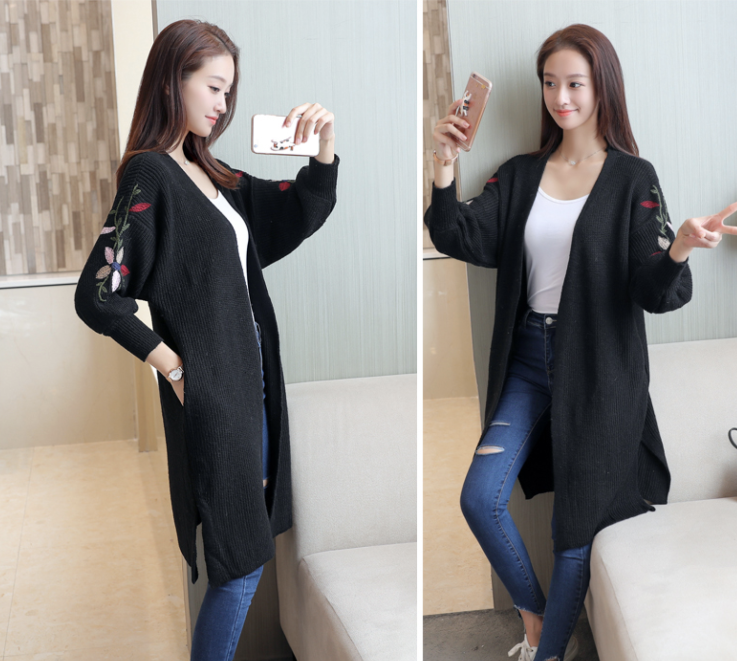 เสื้อคลุมไหมพรม ปักลายดอกไม้ แขน 4 ส่วน สีดำพร้อมส่ง