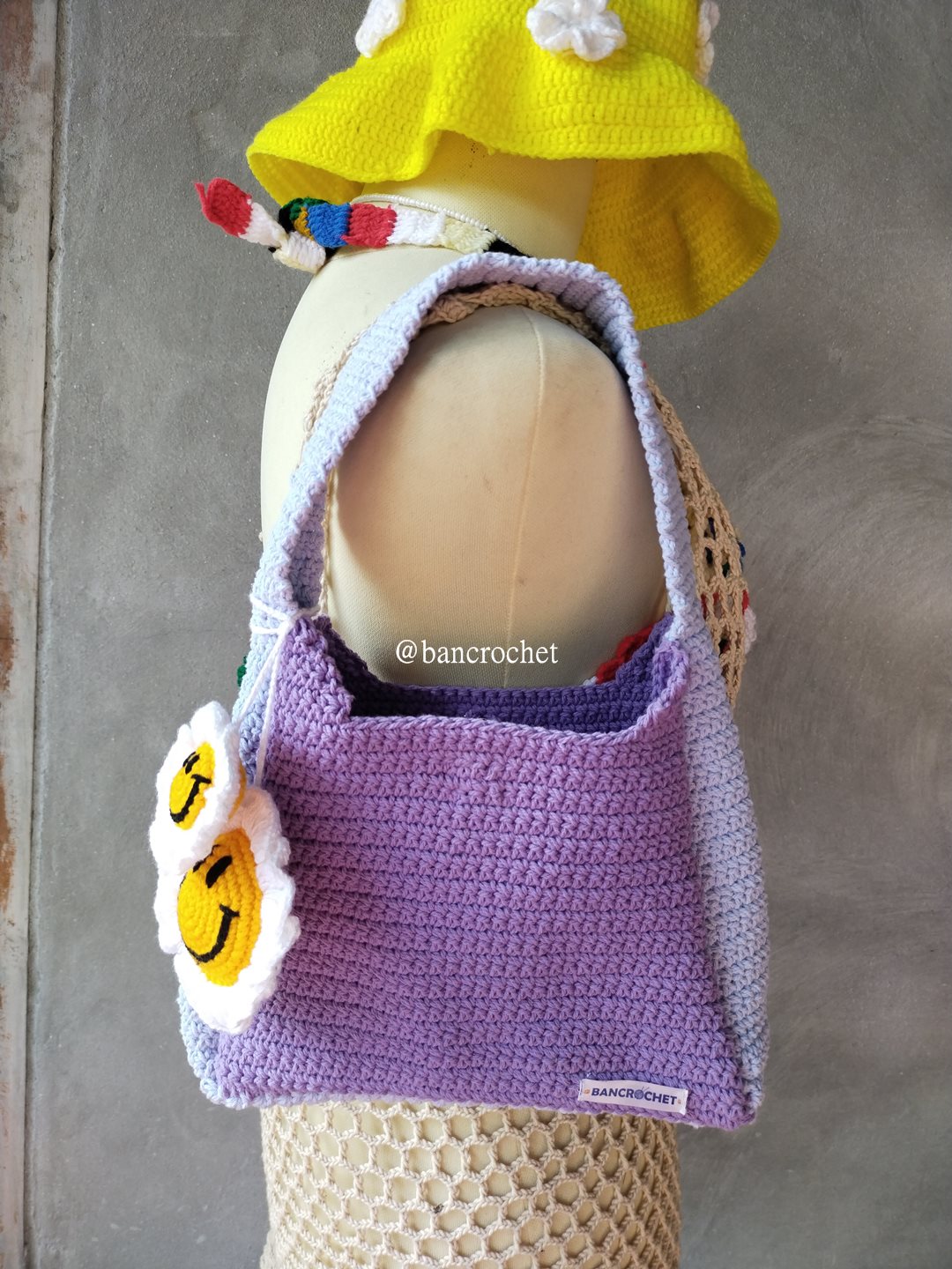 Bancrochet กระเป๋าถักโครเชต์ crochet bag ม่วง 8*5.5 สาย 7 inch