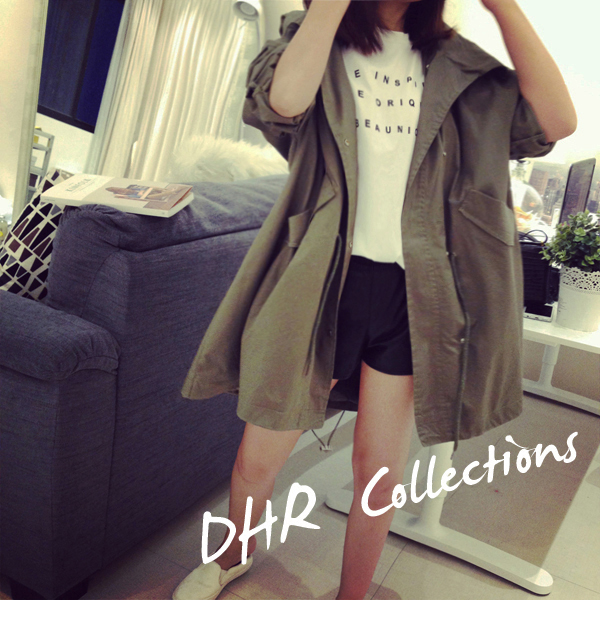 เสื้อคลุมสไตล์เกาหลี สีเขียวทหาร มีฮู้ด ผูกเอว ทรงสวย ผ้าเนื้อด้าน ไม่หนามาก ใส่คลุมกำลังดี พร้อมส่งเลยจ้า สีเขียวทหาร