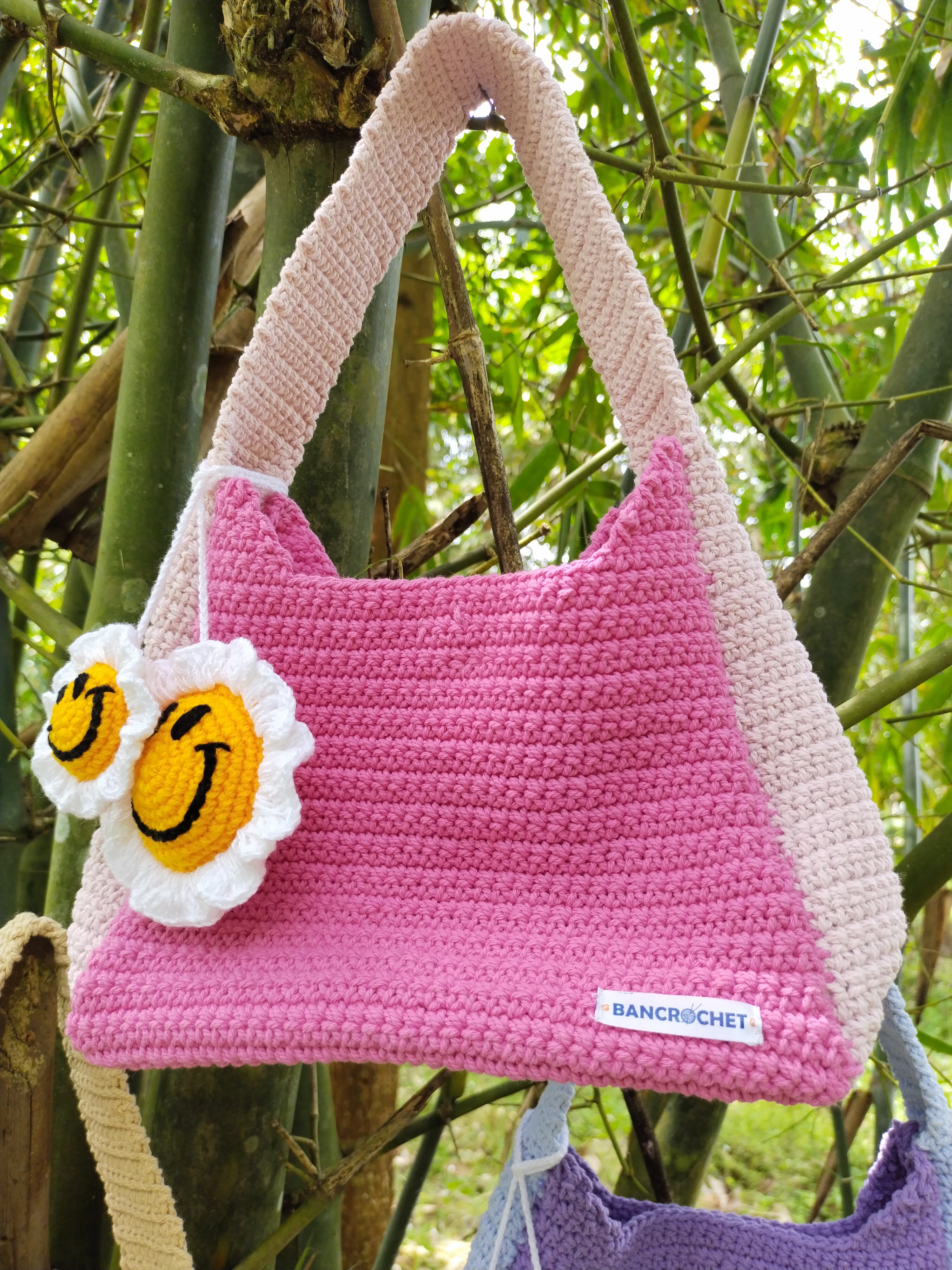 Bancrochet กระเป๋าถักโครเชต์ crochet bag ชมพู 8*5.5 สาย 7 inch