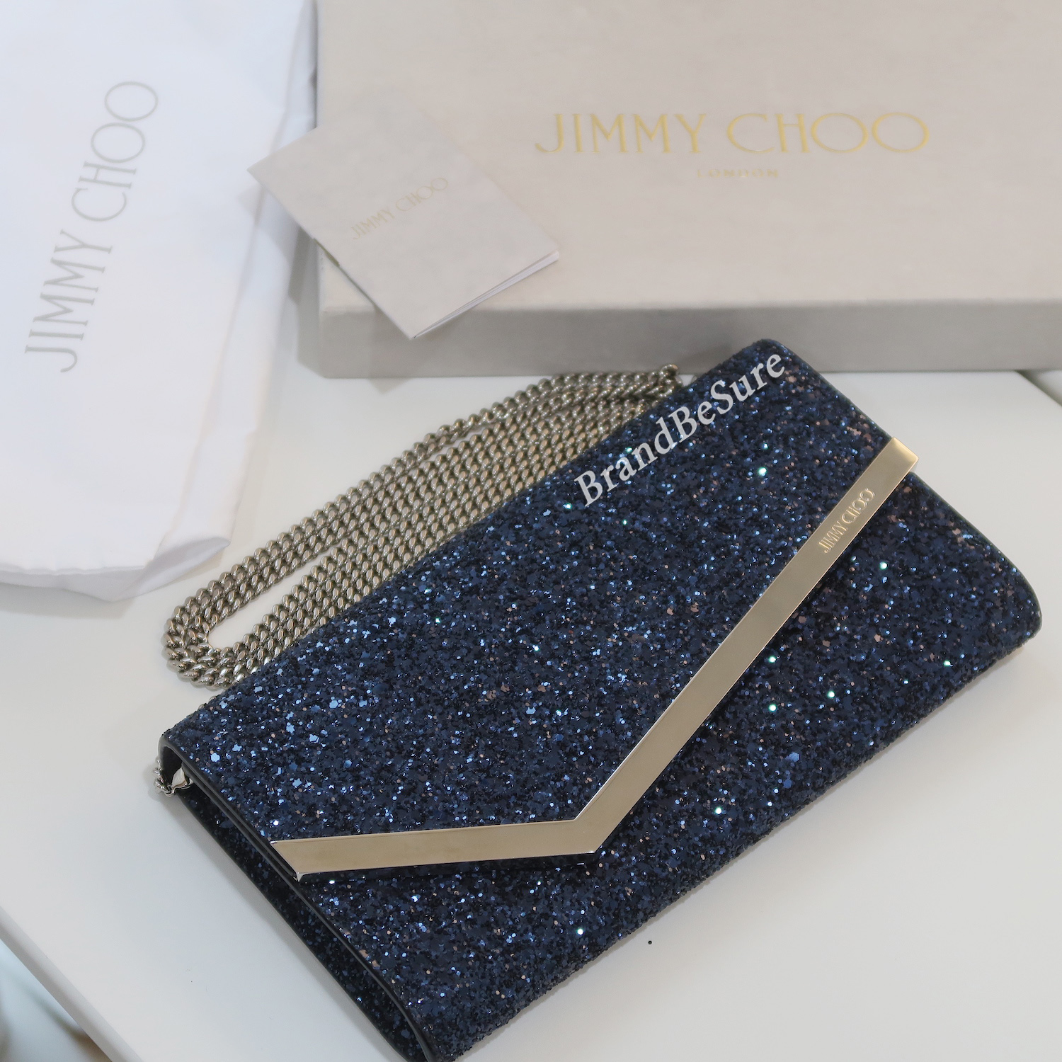 Jimmy Choo Blue Metallic Emmie Chain Wallet