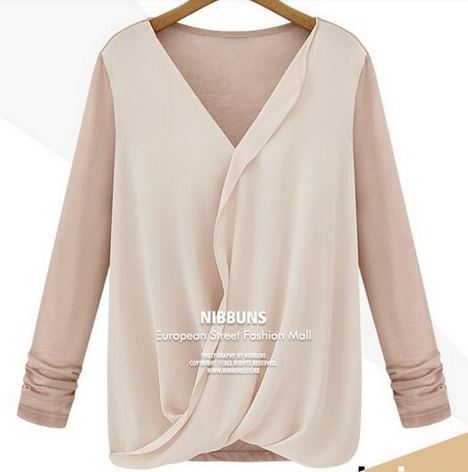 เสื้อผู้หญิง แขนยาว แบบ มีดีไซน์ ผ้า Cotton แต่งระบาย ด้วยผ้าซีฟอง เสื้อยืด แบบเก๋ ๆ สีเบจ เสื้อคอวี แฟชั่นจากยุโรป 4610355_1