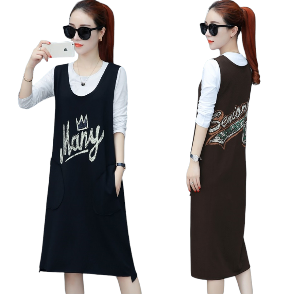 Dress4681 เดรสสกรีนลายตัวอักษรมีกระเป๋าข้าง+เสื้อยืดแขนยาวสีขาว ผ้าคอตตอนโพลีเนื้อดีใส่สบาย งานสวยใส่ง่ายน่ารักมาก ทรงนี้ใส่เก๋ๆ ได้บ่อย มี 2 สี น้ำตาล, ดำ