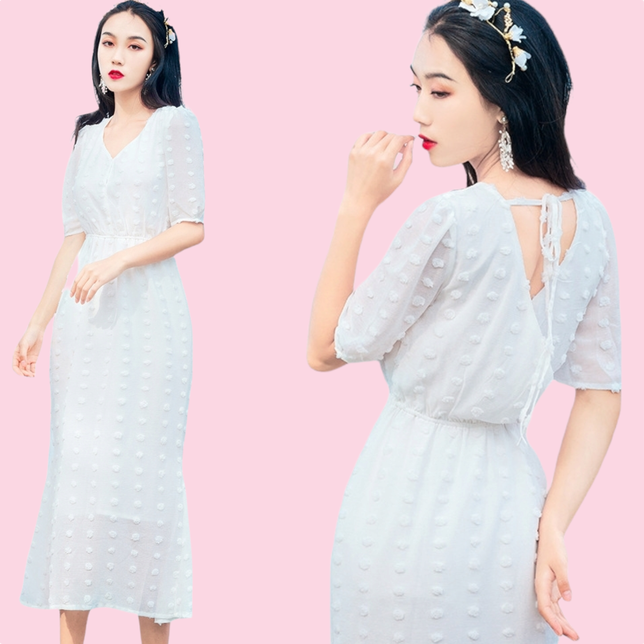 Dress4589 Maxi Dress ชุดเดรสยาวสีขาวลายจุดปอมๆ ทรงคอวีป้ายมีเชือกผูกโบว์ด้านหลัง เอวยางยืด มีซับในเนื้อนิ่มอย่างดีทั้งชุด ผ้าชีฟองเนื้อดีมีน้ำหนักทิ้งตัว