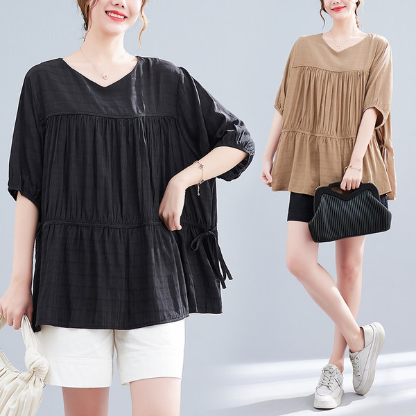 เสื้อทีเชิ้ตคนอ้วนผู้หญิงสไตล์คอตตอนลินินมีไซต์อก 47-48 นิ้ว