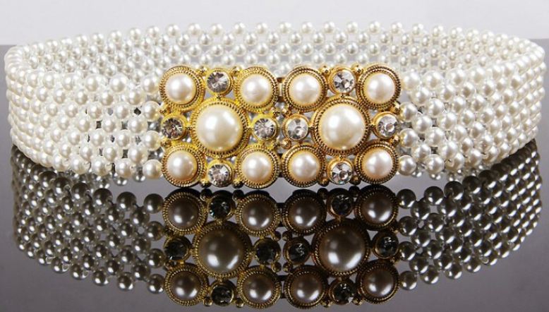 เข็มขัด ไข่มุก rhinestone elastic เข็มขัดผู้หญิง ใส่กับ ชุดเดรส ดีไซน์ เป็น ไข่มุก เรียงเส้น สีขาวเป็นประกาย ใส่กับ ชุดเดรส ออกงาน หรู 815201