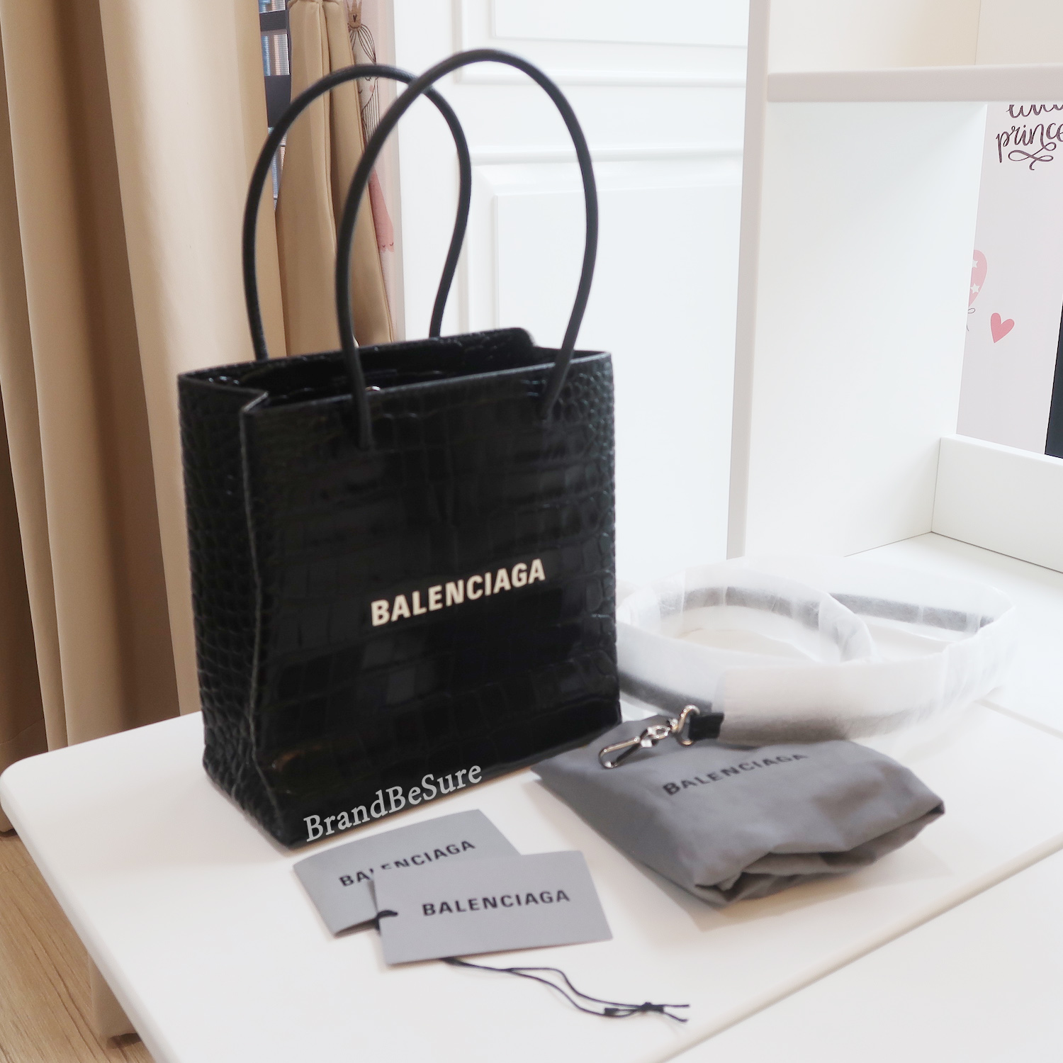 Balenciaga Black Croc Calfskin Shopping Tote XXS
