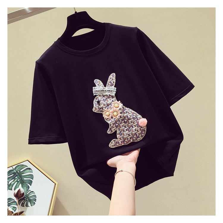 Blouse3787 เสื้อยืดสีดำปักลายกระต่ายแต่งอะไหล่อย่างดี ไม่ใช่งานสกรีน งานดีน่ารักเวอร์ แมทช์กับขาสั้นหรือขายาวก็น่ารัก