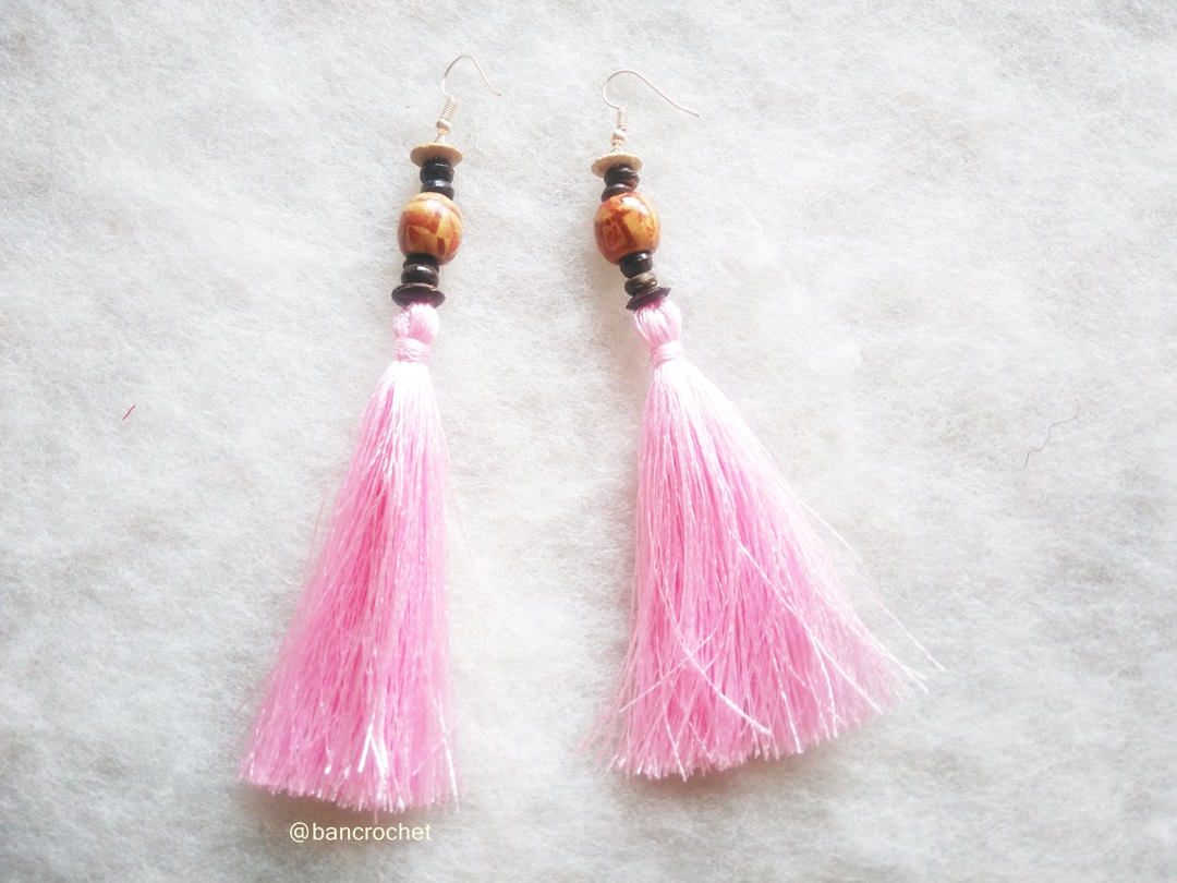 Bancrochet ต่างหูถักโครเชต์ crochet earrings สีชมพู 5 นิ้ว