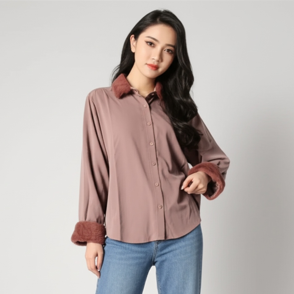 🤎 Blouse3967 เสื้อเชิ้ตน้ำตาลพรีเมียม เรียบหรู ดูดีทุกองศา เสื้อเชิ้ตแขนยาวแต่งขนนิ่มๆ