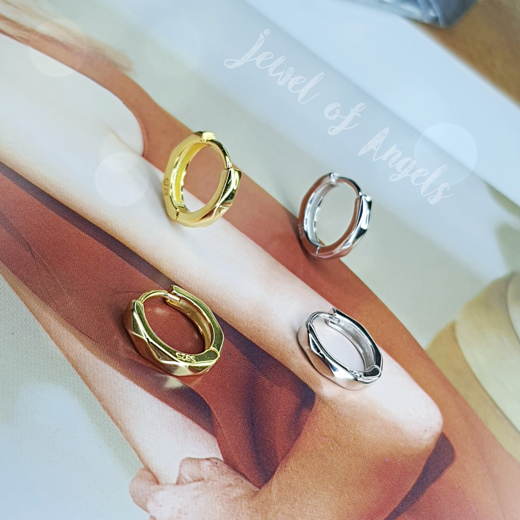 ต่างหูห่วงเงินแท้ S925 รุ่น Rhombus ห่วงลายไดมอนด์ สูงวงนอก 10.8 mm สีเงิน สีทอง ตุ้มหูห่วง Silver925