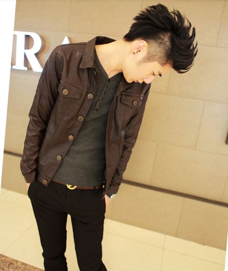 เสื้อ แจ็คเก็ตหนัง แบบ สลิม ฟิต Jacket ผู้ชายเท่ ๆ แบบพอดีตัว คอปก กระดุมหน้า มีกระเป๋าหน้า เสื้อนอกผู้ชาย แขนยาว สีน้ำตาล 997454_1