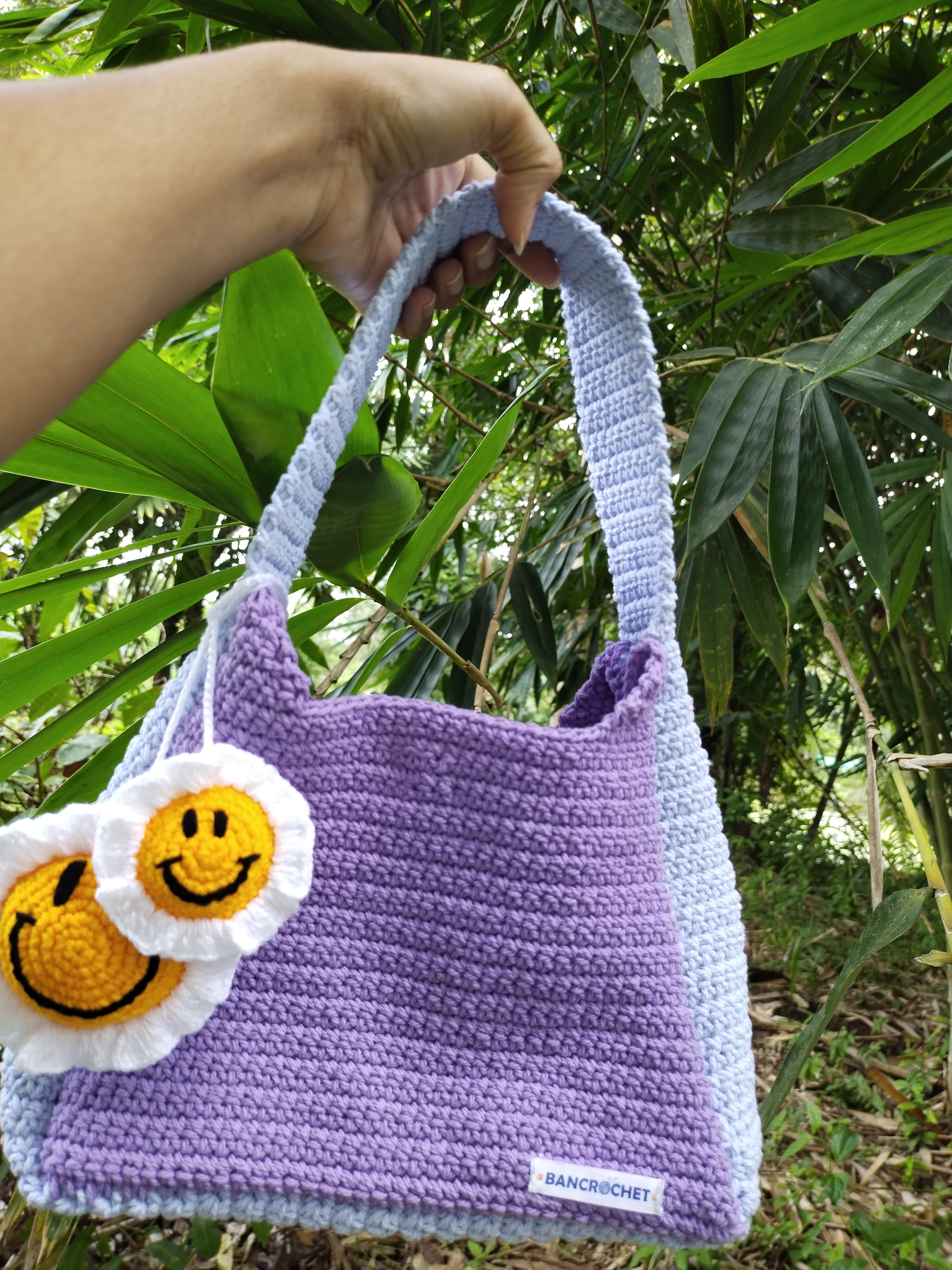 Bancrochet กระเป๋าถักโครเชต์ crochet bag ม่วง 8*5.5 สาย 7 inch