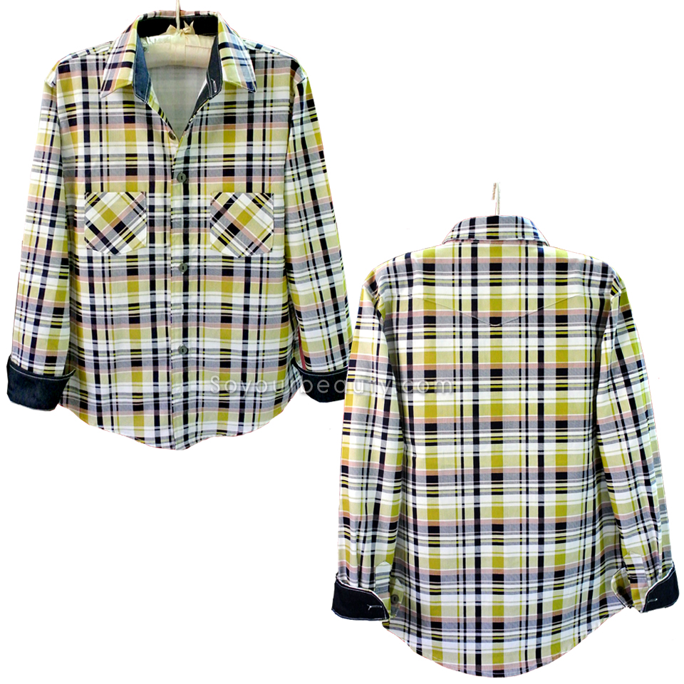 เสื้อเชิ้ตลายสก๊อตผู้หญิง สีกรม-ขาว-เหลือง
