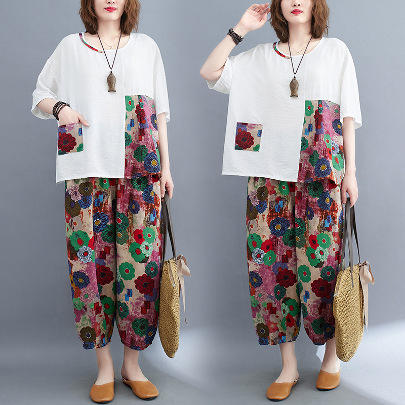 เสื้อทีเชิ้ตคนอ้วนผู้หญิงสไตล์คอตตอนลินินมีไซต์อก 47-48 นิ้ว