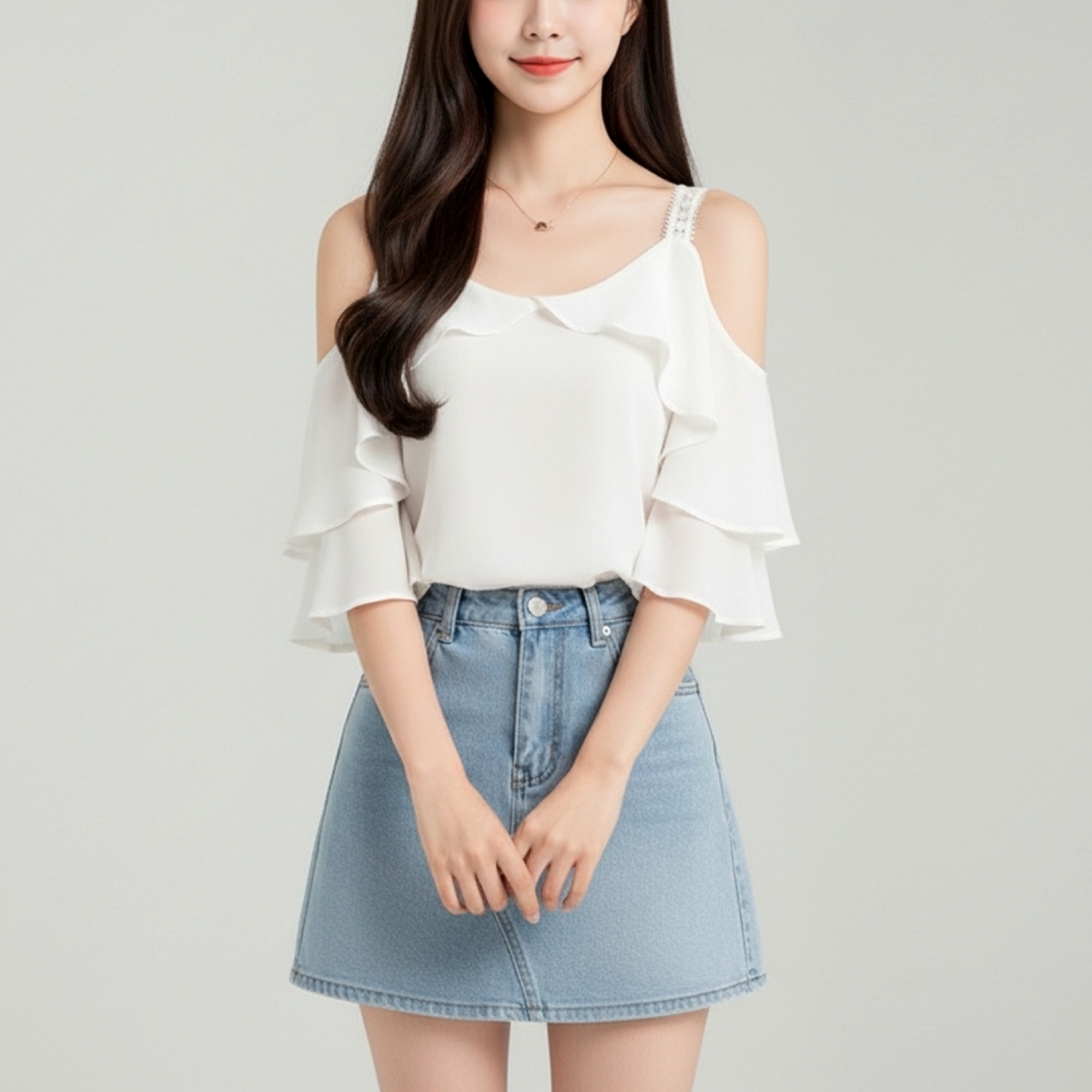 Blouse3714 เสื้อเว้าไหล่แขนระบายสีขาวครีมละมุน สายบ่าลูกไม้ อกแต่งระบาย ผ้าชีฟองพรีเมียมเนื้อดีมีน้ำหนักนุ่มใส่สบาย งานสวยใส่ง่ายน่ารักมาก แมทช์กับอะไรก็เข้า