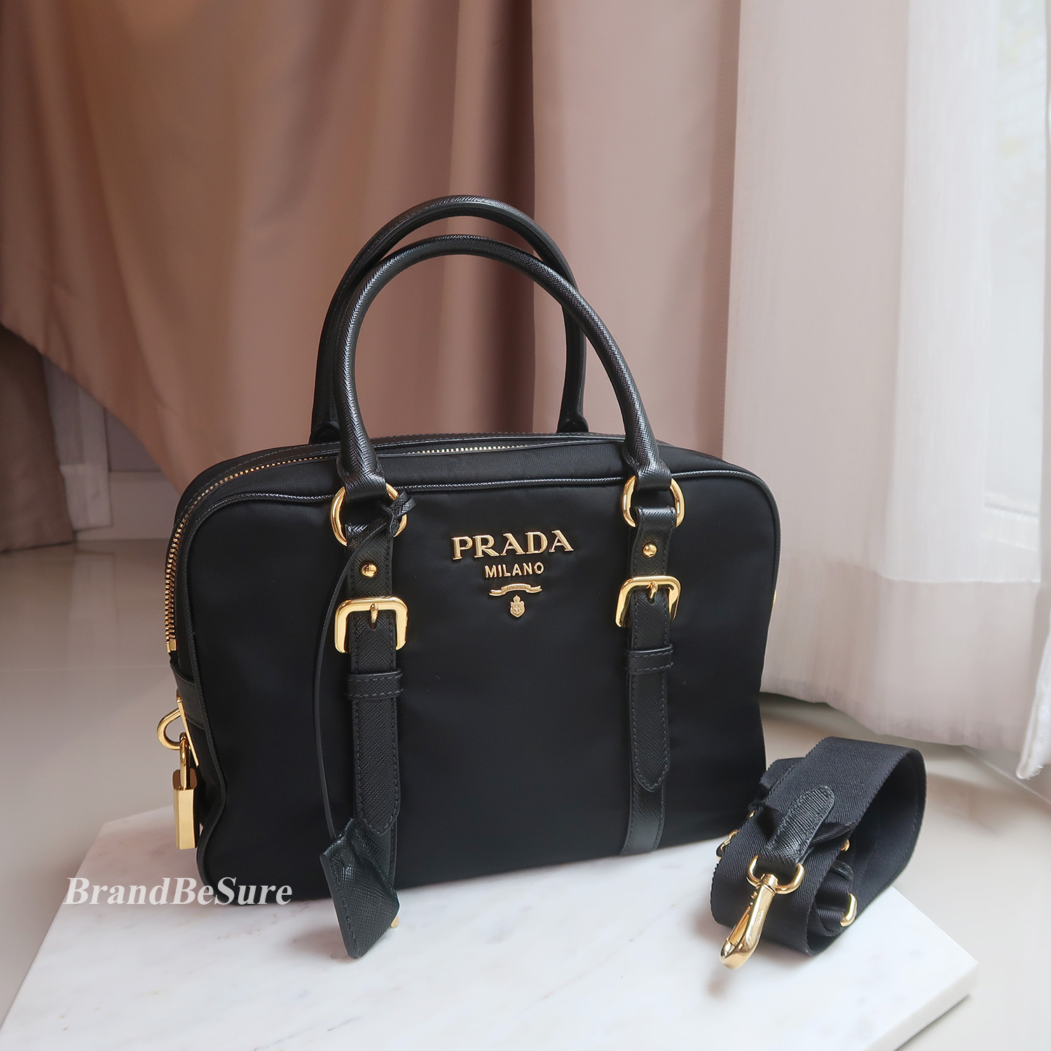 Prada Black Nylon Bauletto Boston Bag (1BB088)
