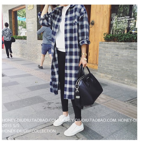 เสื้อคลุมลายสก๊อต ตัวยาว เกาหลีฝุดๆ พร้อมส่ง สีกรม