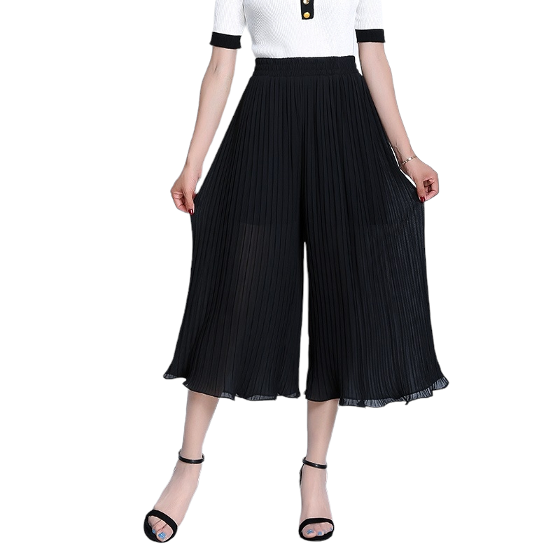 Trousers517 กางเกงขายาวชีฟองอัดพลีทสีดำ เอวยางยืด ผ้าชีฟองเนื้อดีหนามีน้ำหนักทิ้งตัว งานสวยผ้านุ่มน่าใส่ แมทช์กับเสื้อทรงไหนก็ดูดี