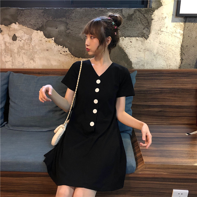 Dress4657 มินิเดรสคอวีกระดุมหน้า ผ้าคอตตอนเนื้อดีนุ่มใส่สบายยืดหยุ่นสูง งานน่ารักสไตล์มินิมอล ใส่เก๋ๆ ได้บ่อย มี 2 สี เทา, ดำ