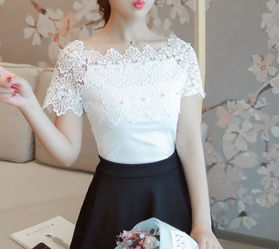 เสื้อลูกไม้ แขนสั้น เสื้อคอปาด แบบสวย แบบไทย ๆ เสื้อลูกไม้ ลุ๊ค คุณหนู แต่งมุก สวย เก๋ ใส่ทำงาน อยู่บ้านได้หมด 695457