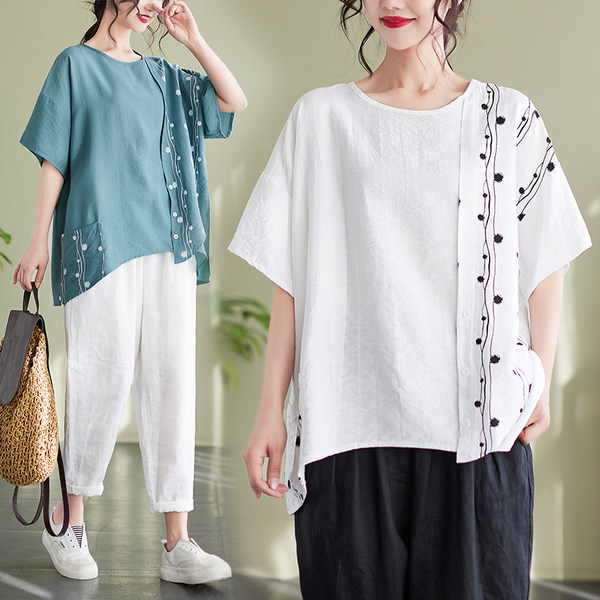 เสื้อลินินคนอ้วน เสื้อทีเชิ้ตคนอ้วนผู้หญิง เสื้อทีเชิ้ตตัวใหญ่ By Literary Plus size