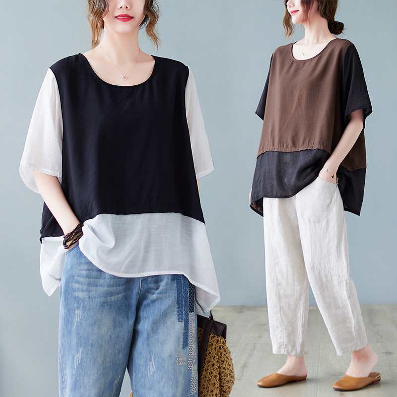 เสื้อทีเชิ้ตคนอ้วนผู้หญิงสไตล์คอตตอนลินินมีไซต์อก 47-48 นิ้ว