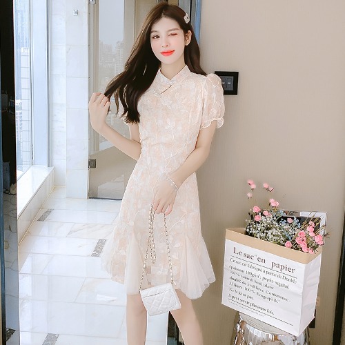 เดรสลูกไม้ เดรสชีฟองสวยๆ แขนสั้น By Meiyi women's clothing