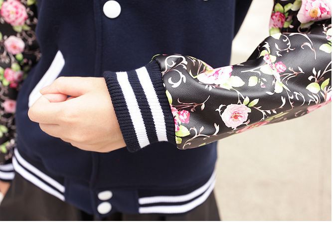 เสื้อ แจ็คเก็ต ผู้หญิง แบบ เสื้อ เบสบอล เสื้อ Jacket ผ้าคอตต้อน ผสม หนัง แขนยาว ลายดอกไม้ Jacket ผู้หญิง แบบเก๋ ๆ สีน้ำเงิน หวานปนเท่ 979518