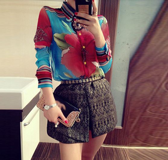 เสื้อเชิ้ตแขนยาว ผ้าชีฟอง เสื้อแฟชั่น สีฉูดฉาด ใส่เที่ยวใส่ออกงาน ลายดอกไม้ เสื้อเชิ้ตแฟชั่น สาวเปรี้ยว อย่างมีสไตล์ 132969