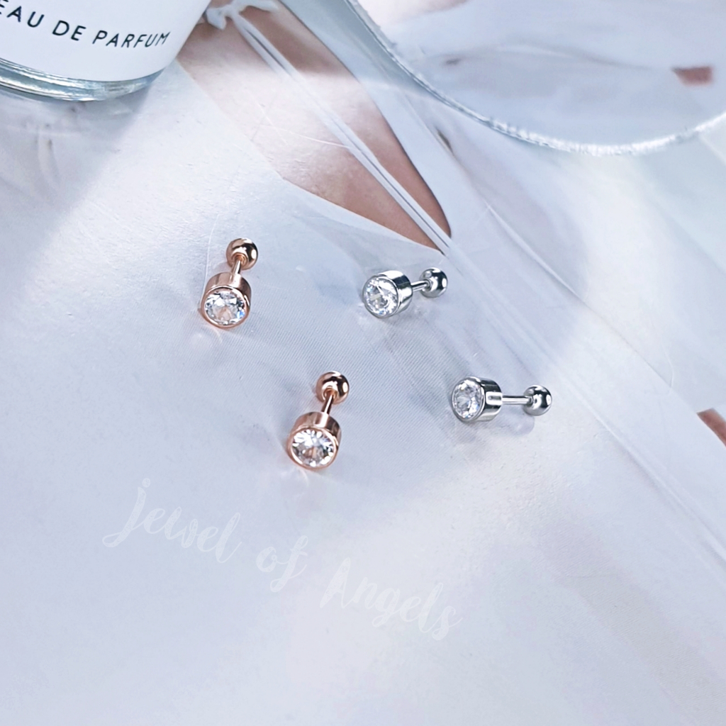 ต่างหูเงินแท้ S925 รุ่น Moon ต่างหูก้านเสียบ จิวกลม เพชรCZ แป้นหลังบอลกลม สีเงิน สีพิงค์โกลด์ ตุ้มหูมินิมอล