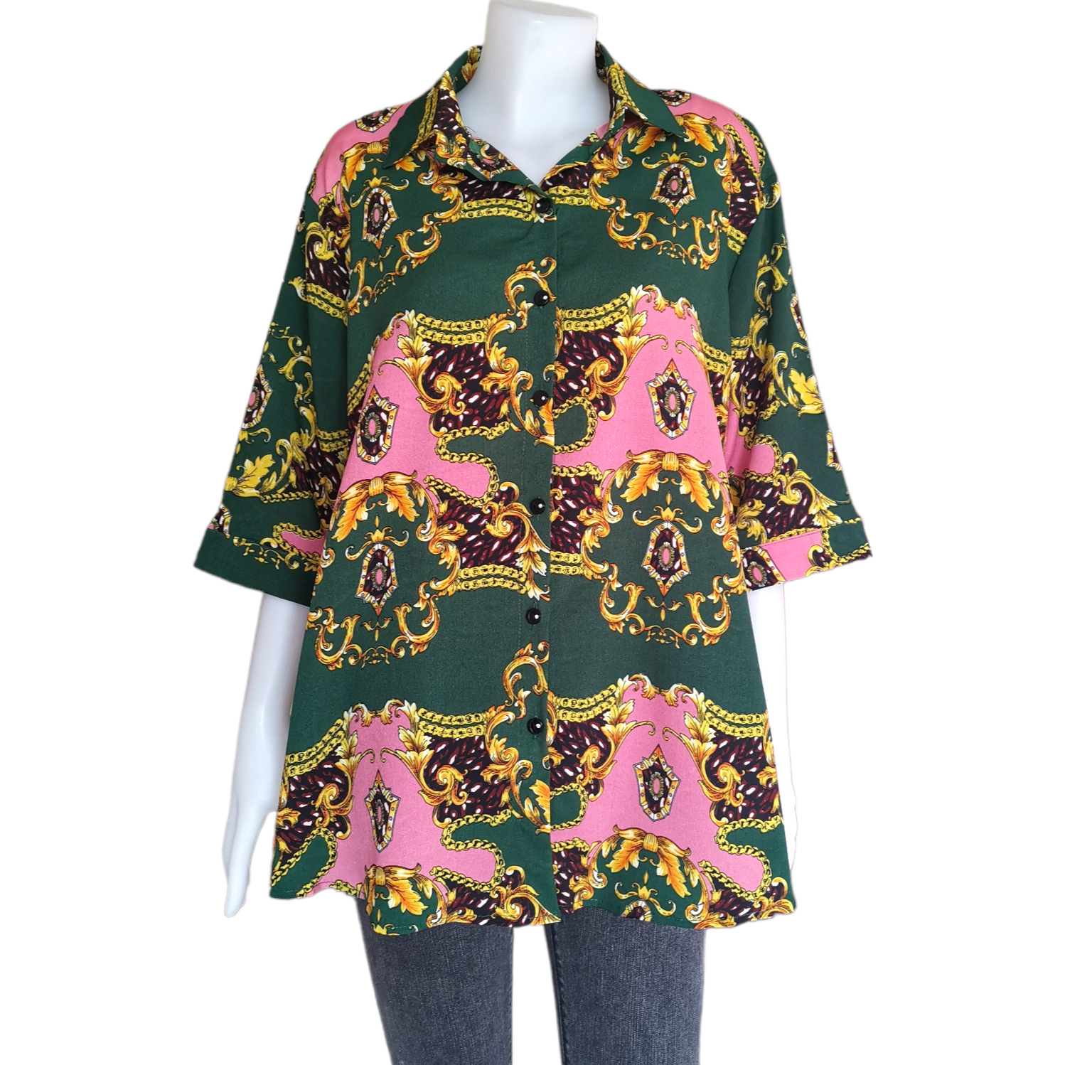 Blouse3735 เสื้อเชิ้ตไซส์ใหญ่ลายวินเทจ กระดุมหน้า แขนยาวสามส่วน ผ้าชีฟองเนื้อหนาทิ้งตัวใส่สบายสุด