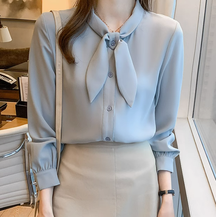 เสื้อเชิ้ต ผู้หญิง ใส่ทำงาน สีพื้น สีฟ้าคราม สีขาว เสื้อเชิ้ตแขนยาว แบบมีโบว์ที่คอ น่ารัก ๆ 787516