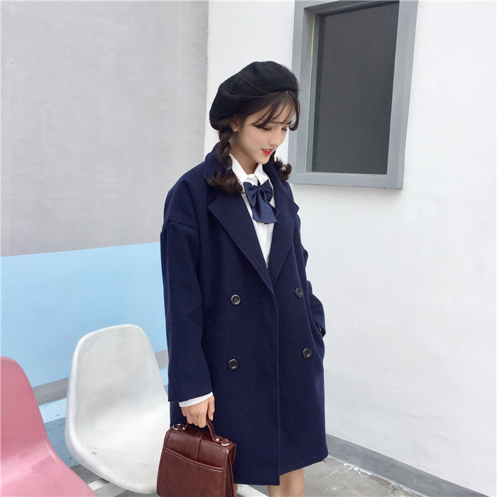 เสื้อโค้ทกันหนาว สไตล์นักเรียนเกาหลี ผ้าวูลผสมเนื้อดี เนื้อกำลังดีเป็นทรงไม่หนัก พร้อมส่ง DARK BLUE