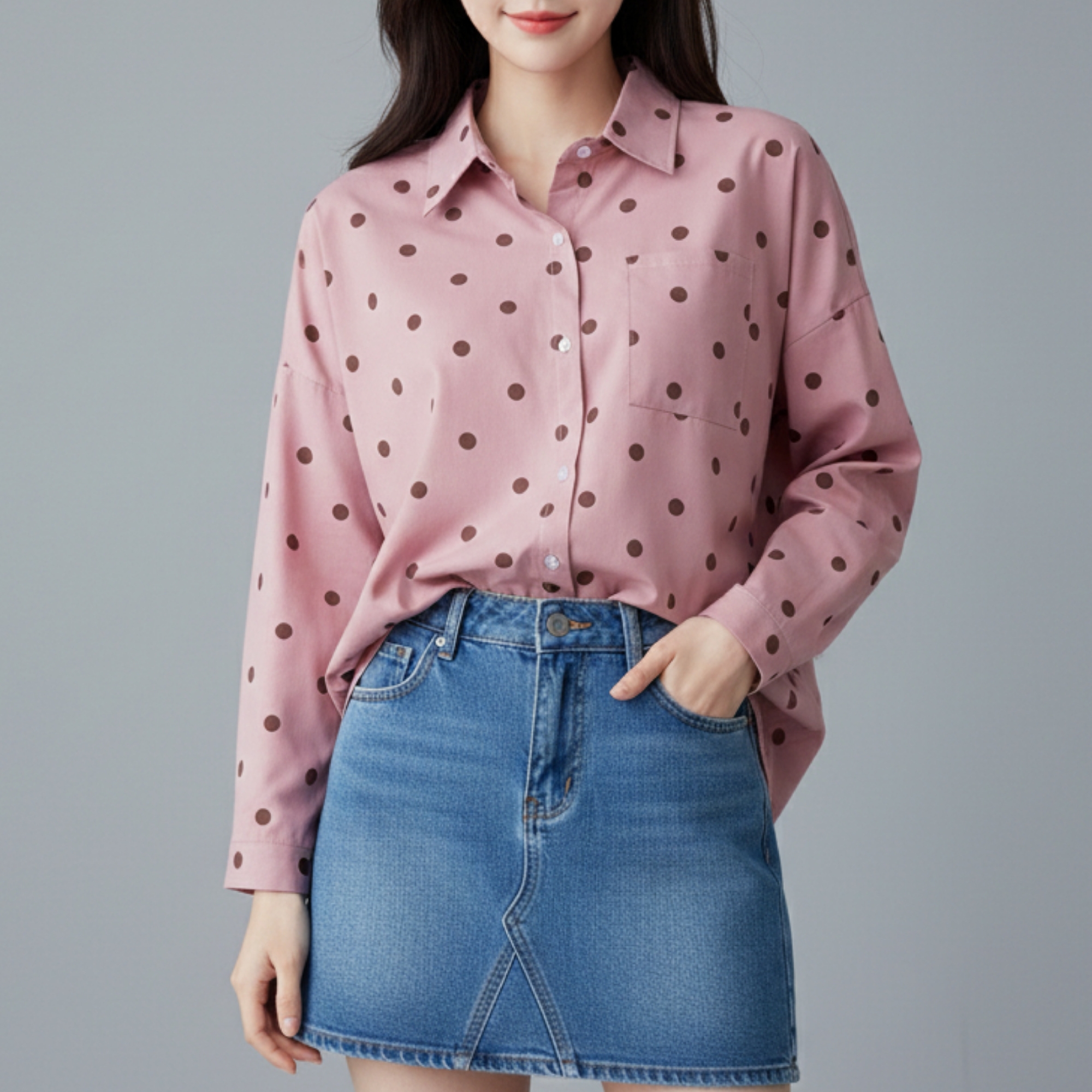 💕 Blouse4078 เสื้อเชิ้ตโอเวอร์ไซส์ลายจุดชมพูน้ำตาล ลุคสดใส หวานเท่ สไตล์เกาหลี
