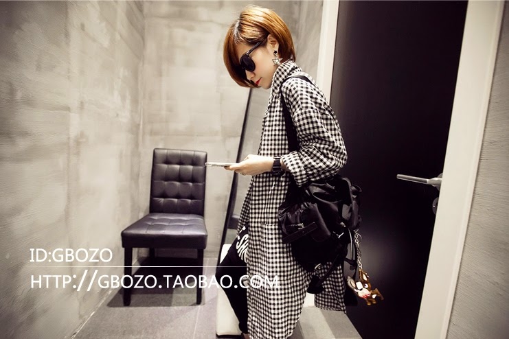 เสื้อคลุมตัวยาว เกาหลี ผ้าฝ้าย พิมพ์ลายตาราง มีกระดุมหน้า + กระเป๋าข้าง พร้อมส่งจ้า ดำ