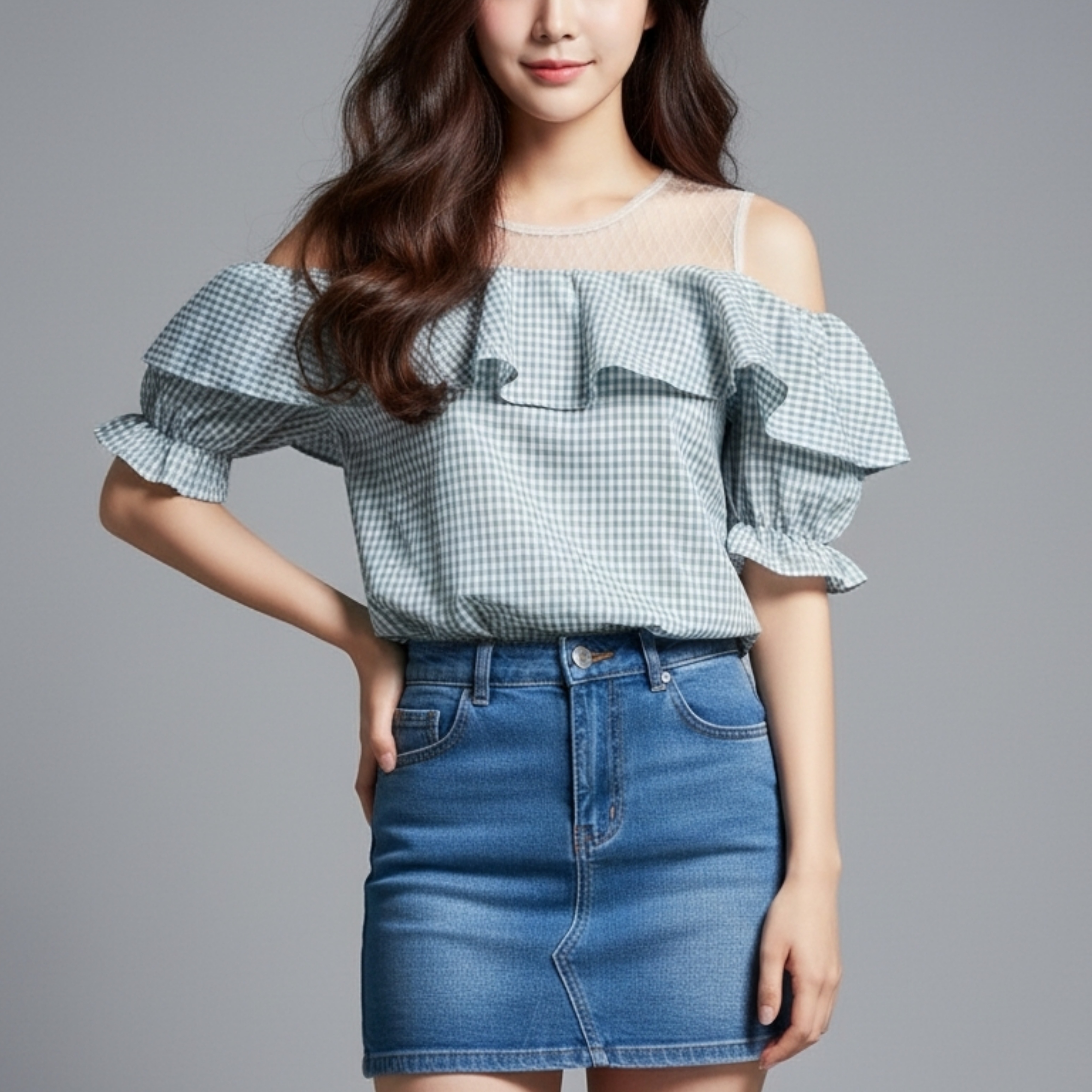 💚 Blouse3852 เสื้อลายสก็อตคอตตอนเว้าไหล่แขนตุ๊กตา ดีไซน์เก๋ น่ารักมีสไตล์