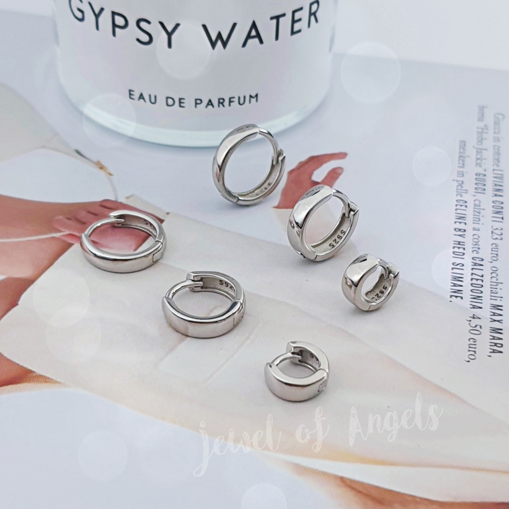 ต่างหูห่วงเงินแท้ S925 รุ่น Wake up ห่วงเรียบขอบเหลี่ยม มินิมอล สีเงิน 3ขนาด เงินแท้ทั้งชิ้น Silver925