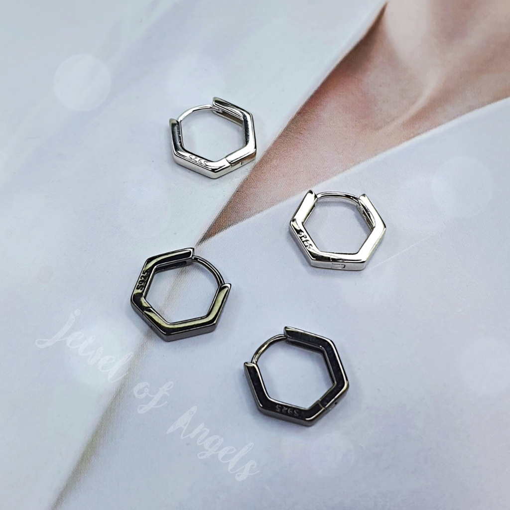 ต่างหูห่วงเงินแท้ S925 รุ่น Hexagon ห่วงหกเหลี่ยม มินิมอล สีเงิน สีดำ ตุ้มหูห่วง เงินแท้ทั้งชิ้น Silver925