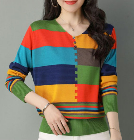 เสื้อยืดผู้หญิง แบบเสื้อไหมพรม ถักนิตติ้ง แบบสวย เสื้อยืด สีรุ้ง สีสันสดใส ใส่เที่ยว แบบเก๋ ๆ ผ้าเบา ใส่สบาย เสื้อยืดแขนยาว 679851