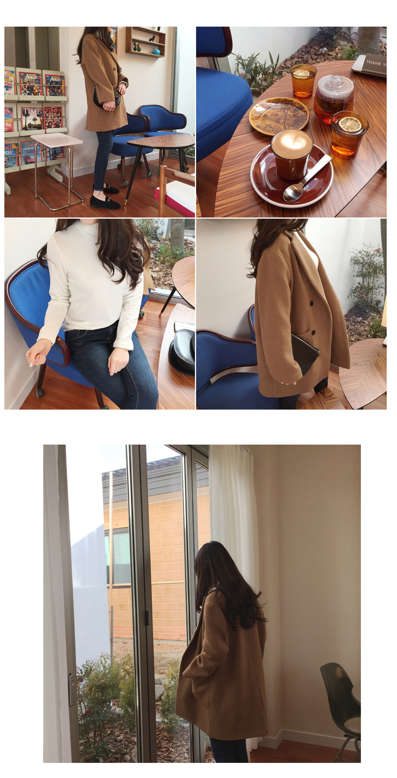 เสื้อโค้ทกันหนาว รุ่นกระดุม 2 แถว ทรงโคล่ง ผ้าวูลผสมสักกะหลาด สไตล์เกาหลี สีน้ำตาล