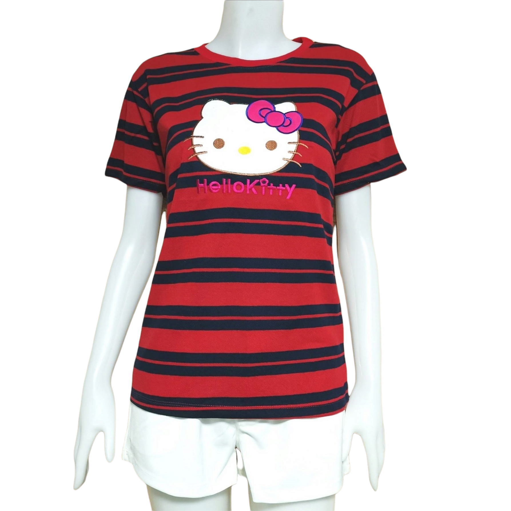 Blouse3324 เสื้อยืดแฟชั่น แต่งหน้าคิตตี้ ผ้าโปโลยืดเนื้อนิ่มลายริ้วเล็ก-ใหญ่ สีกรมแดง