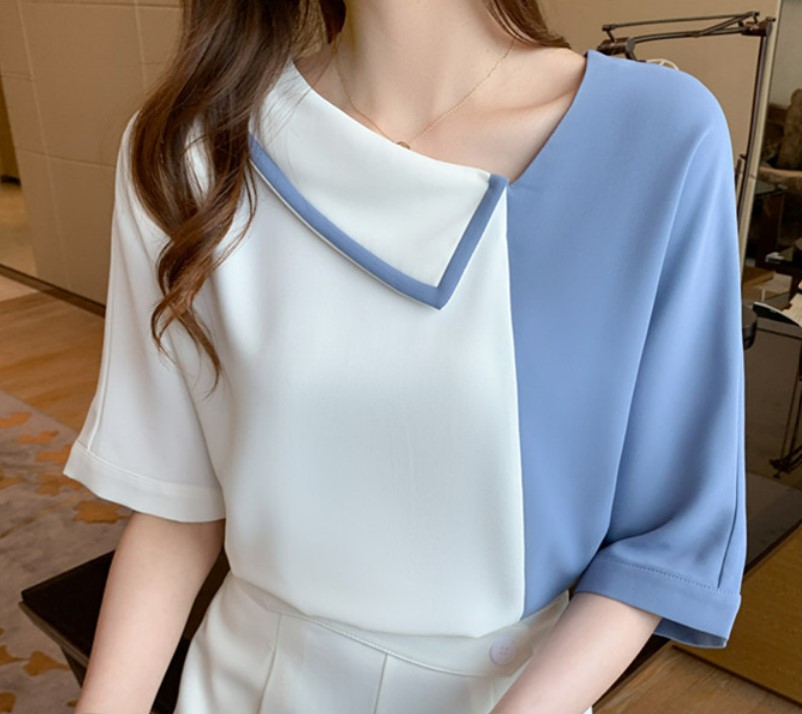 เสื้อแฟชั่น ผู้หญิง เสื้อ คอปาด ผ้าซีฟอง สีทูโทน แบบสวย ดีไซน์ คอปาด สวยเก๋ สีฟ้า และ สีเขียว 540227