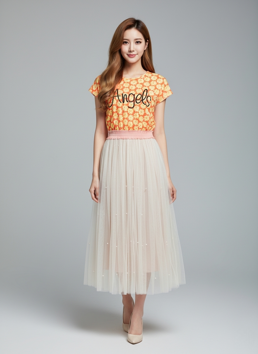 🌼 Dress3490 Maxi Dress แม็กซี่เดรสยาวลายดอกไม้ต่อกระโปรงยาวเอวสม็อค ผ้ามุ้งครีมแต่งมุก ดีไซน์เหมือนใส่ 2 ชิ้น ดีเทลที่ดูแพงแบบไม่เยอะเกินไป