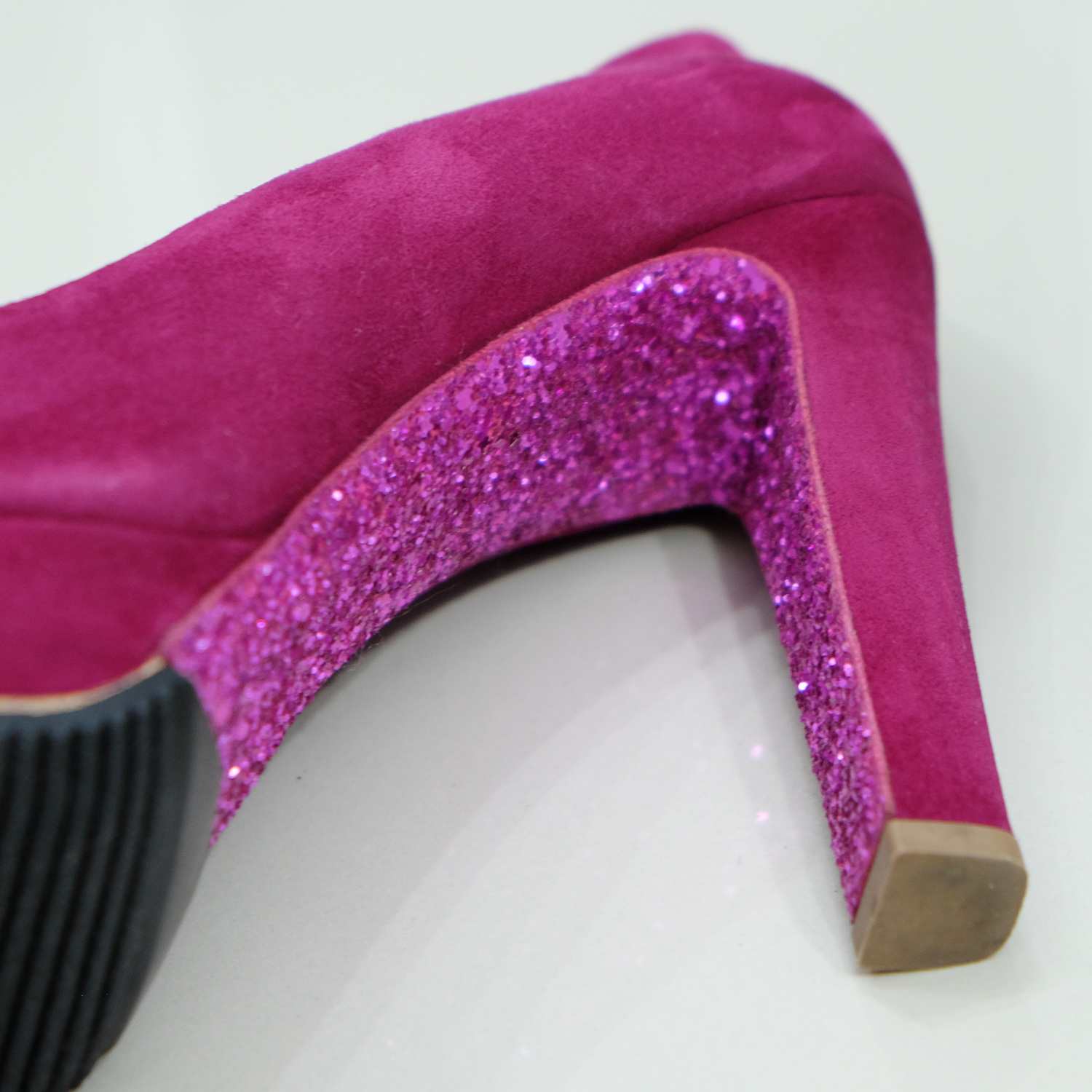 Miu Miu Fushia Pink Suede (Goat) Peep Toes Glitter Heel 5.5" Size 40