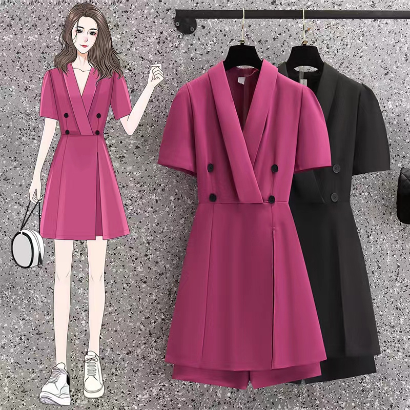 เดรสคนอ้วน เดรสสาวอวบ ชุดเดรสคนอ้วนวัยรุ่น คอวี สีม่วง ดำ BY PLUS SIZE Girl