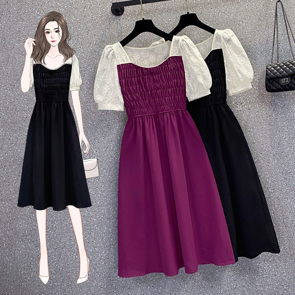 เดรสคนอ้วน เดรสสาวอวบ ชุดเดรสคนอ้วนวัยรุ่น แขนตุ้กตา สีม่วงและสีดำ BY PLUS SIZE Girl