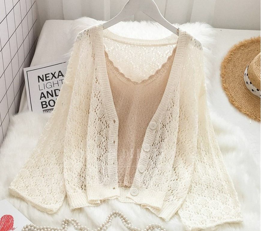เสื้อคลุม ถักนิตติ้ง เสื้อคลุมผู้หญิง แบบสวย ๆ เสื้อคลุม ซีทรู สีเขียว และ สีครีม 524518