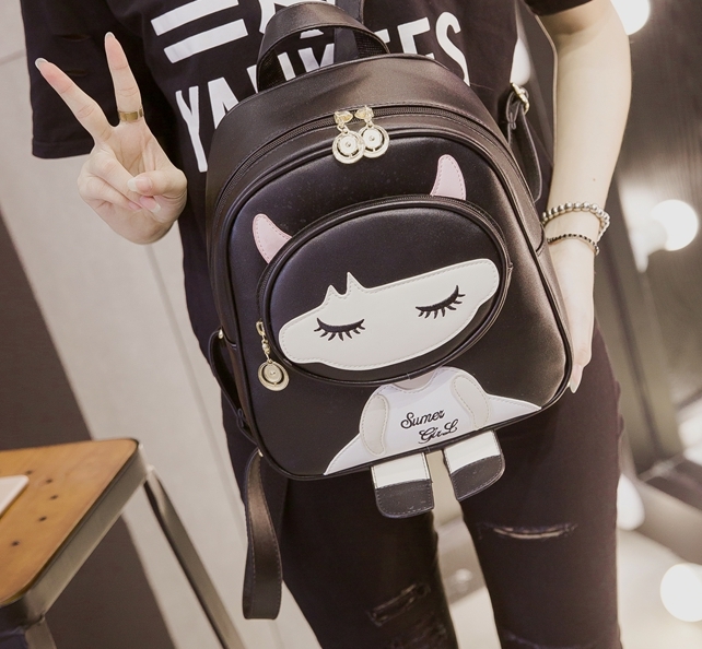 กระเป๋าเป้ หนังใบเล็กสีดำ แต่งลายเด็กผู้หญิง น่ารัก black